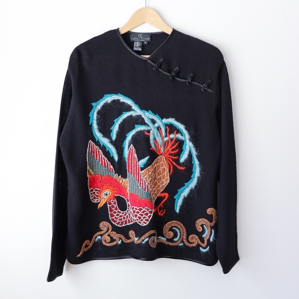 Vintage 90's Carole Little Embroidered Asian Bird Wool Blend Artsy Sweater XL